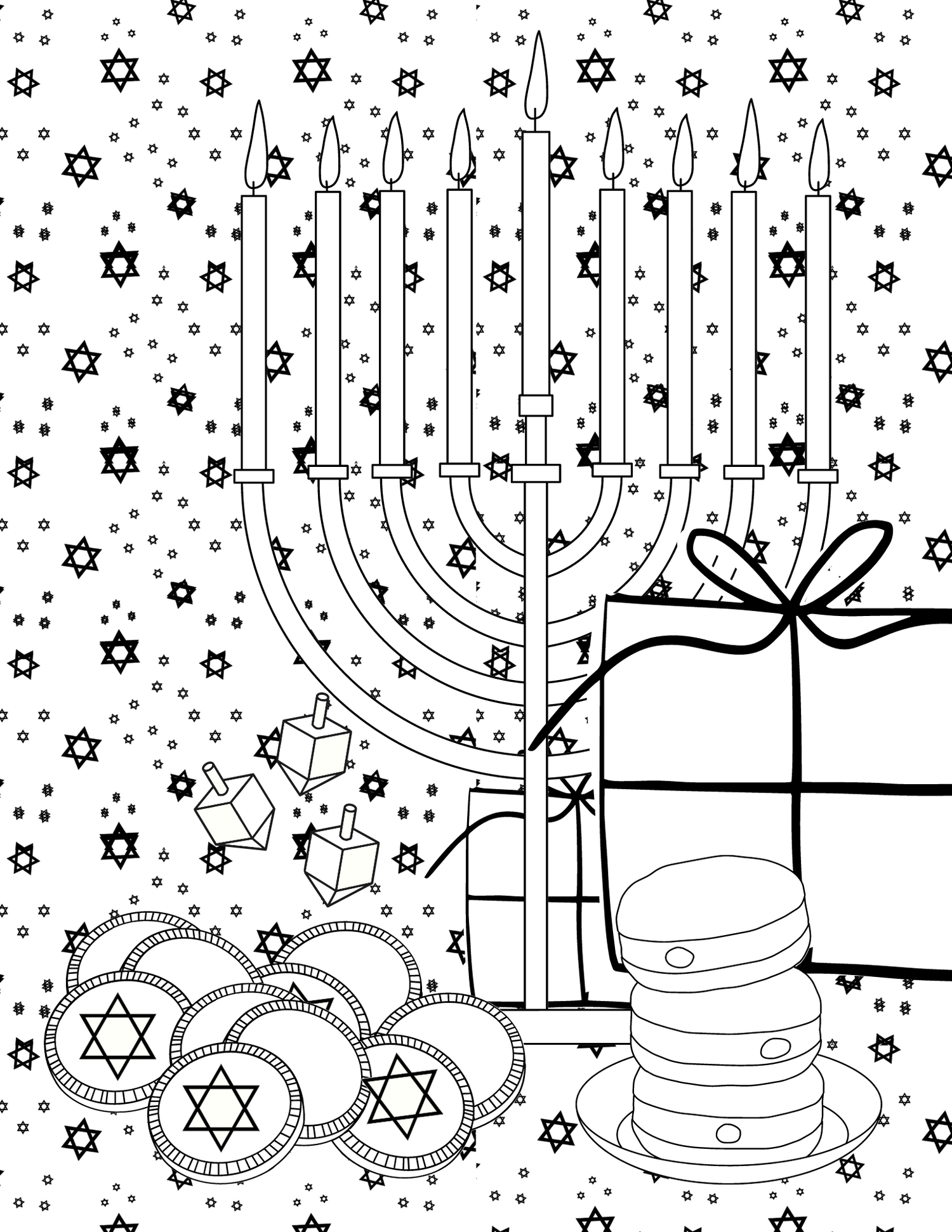 menorah, hanukkah gelt, soufganiyot, gifts, free coloring pages from Hanukkah Kits 