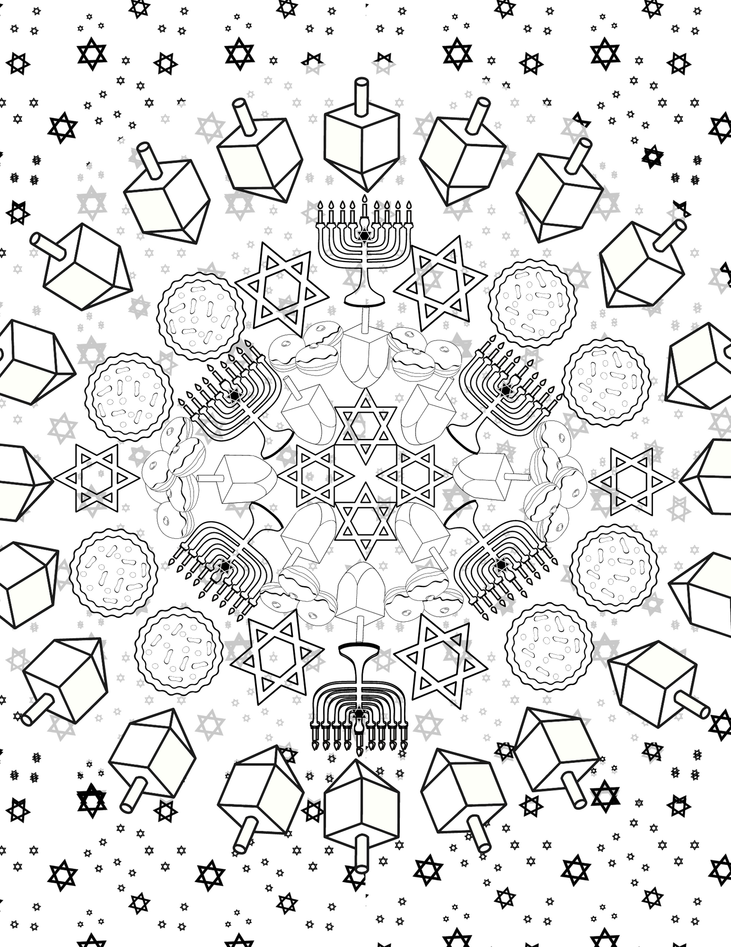 dreidel, menorah, Star of David mosaic free coloring pages from Hanukkah Kits 