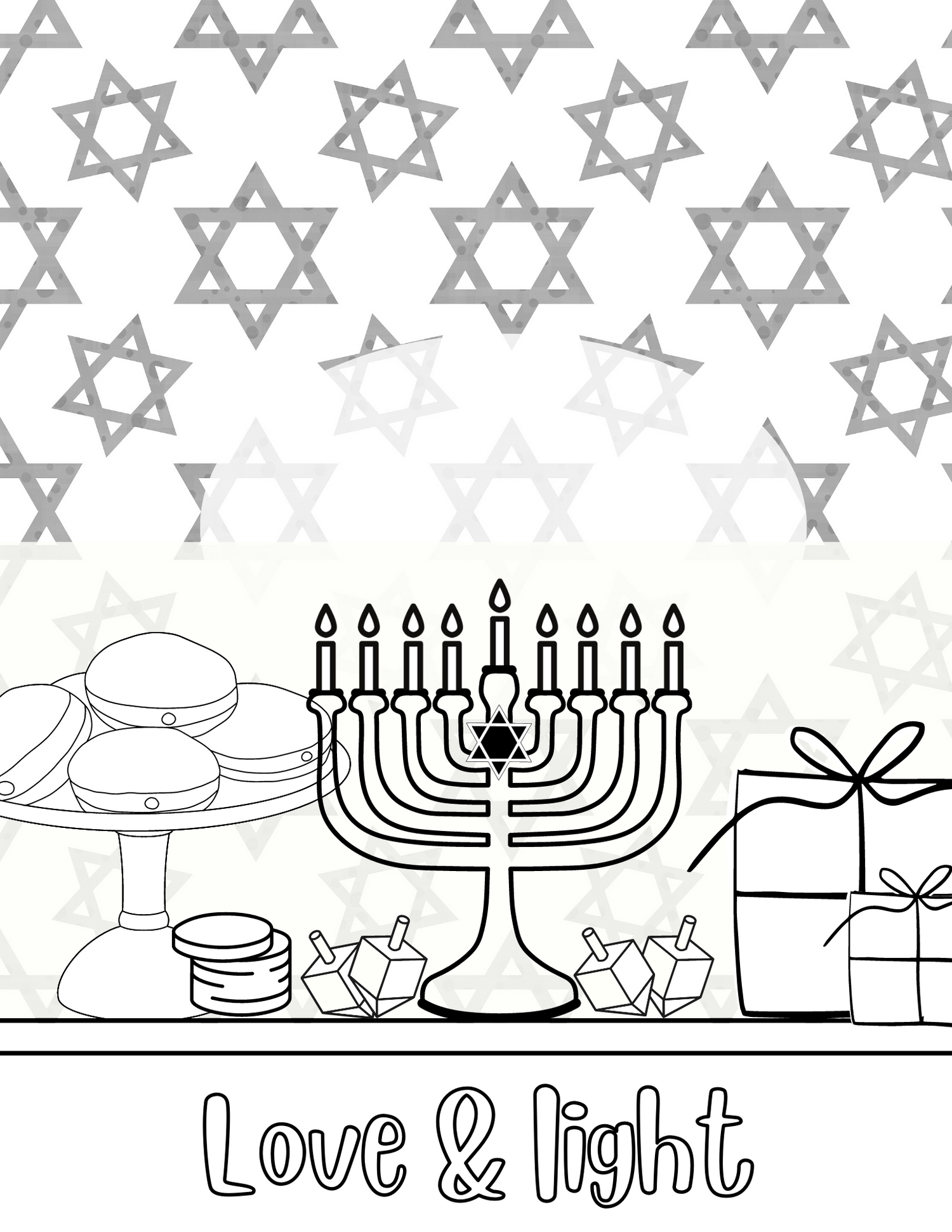 Star of David, menorah, gifts, dreidel sufganiyot free coloring pages from Hanukkah Kits 
